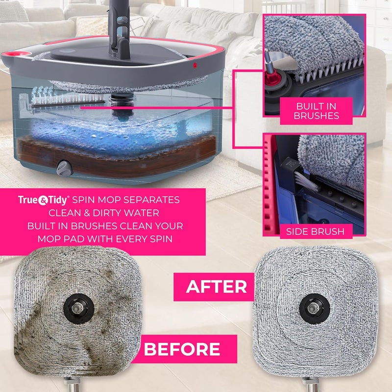 True & Tidy True Clean Spin Mop & Bucket System – Dual Compartment Design for Clean & Dirty Water, 360° Swivel Mop Head, Built-in Scrubbing Brush, Stainless Steel Handle & 2 Reusable Microfiber Pads - Image 2